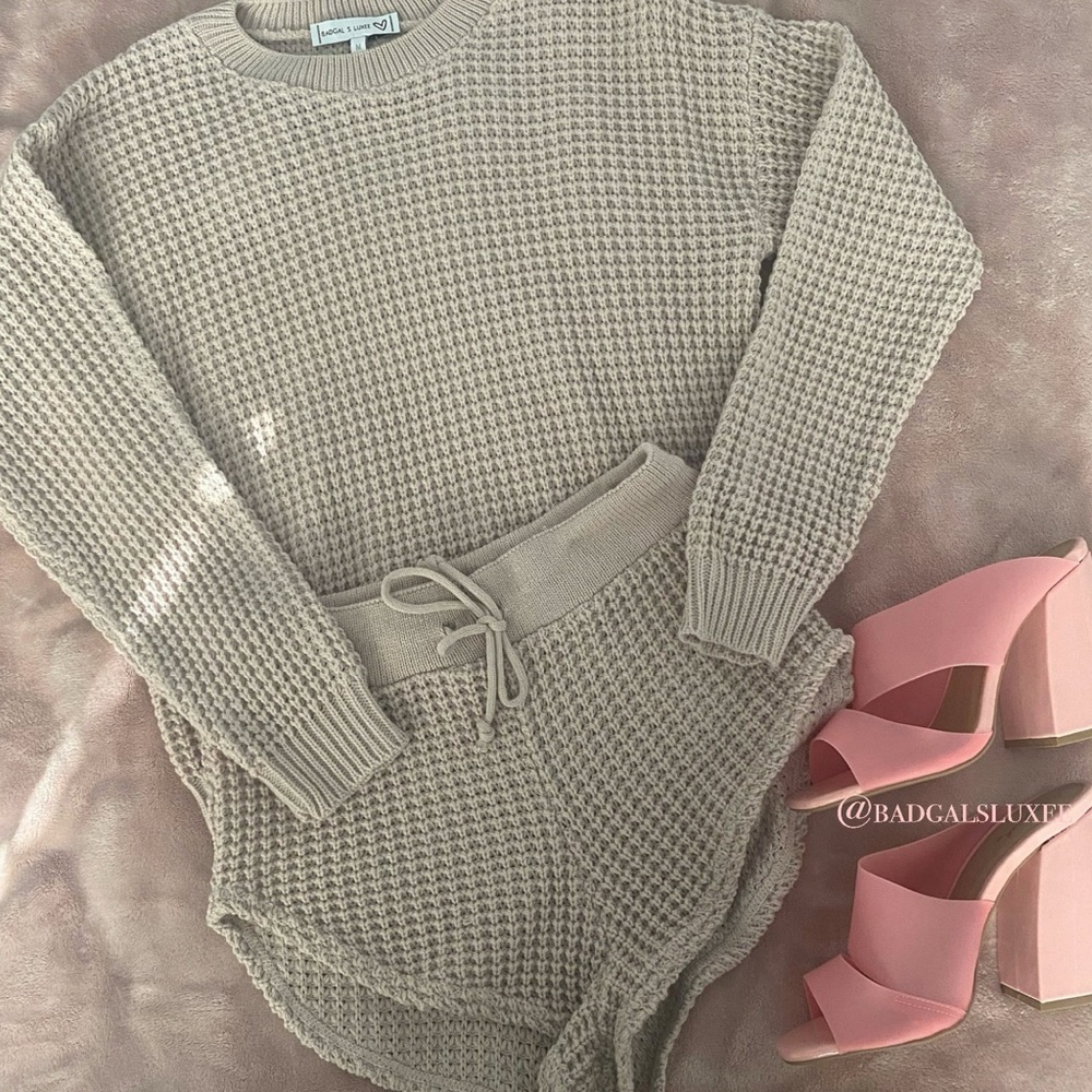 Beige Knit Sweater and Shorts Set